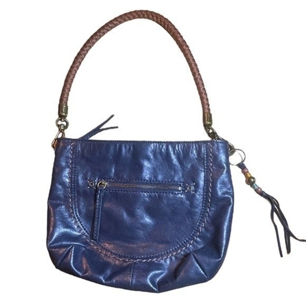 The Sak Indio Indigo Blue Leather Hobo Shoulder Bag Purse w/ Beaded Tassel